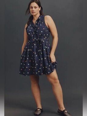 Anthropologie Maeve Sleeveless Mini Shirt Dress Blue Umbrella Large NWT
